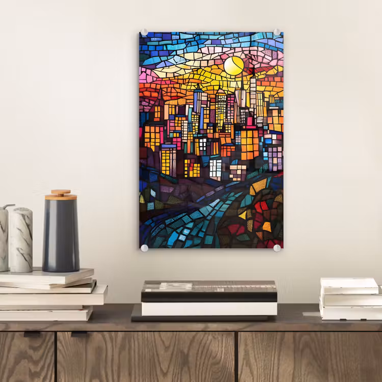 Glas schilderij - Stad - Maan - Mozaïek - Kleurrijk — 2