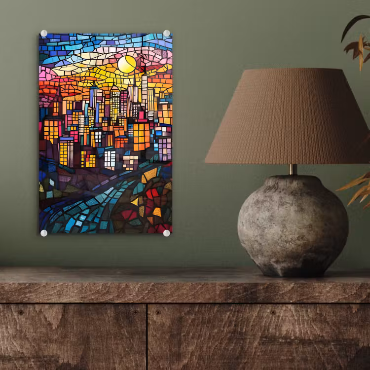 Glas schilderij - Stad - Maan - Mozaïek - Kleurrijk — 4