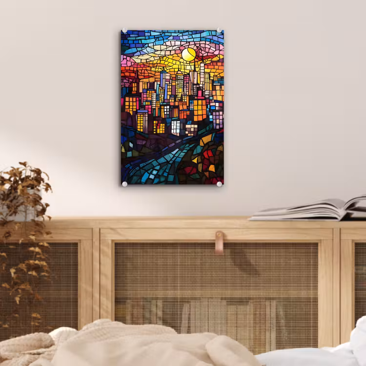 Glas schilderij - Stad - Maan - Mozaïek - Kleurrijk — 5