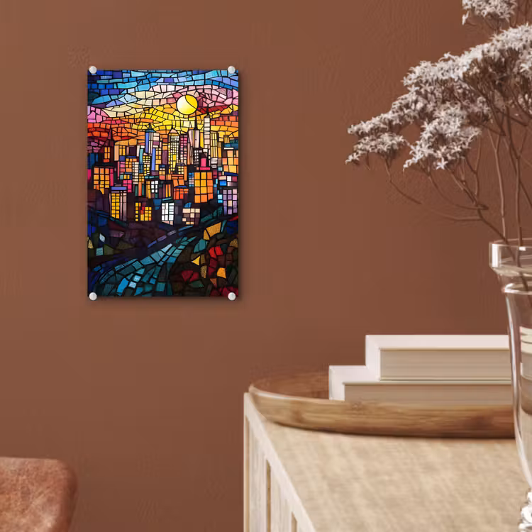 Glas schilderij - Stad - Maan - Mozaïek - Kleurrijk — 6