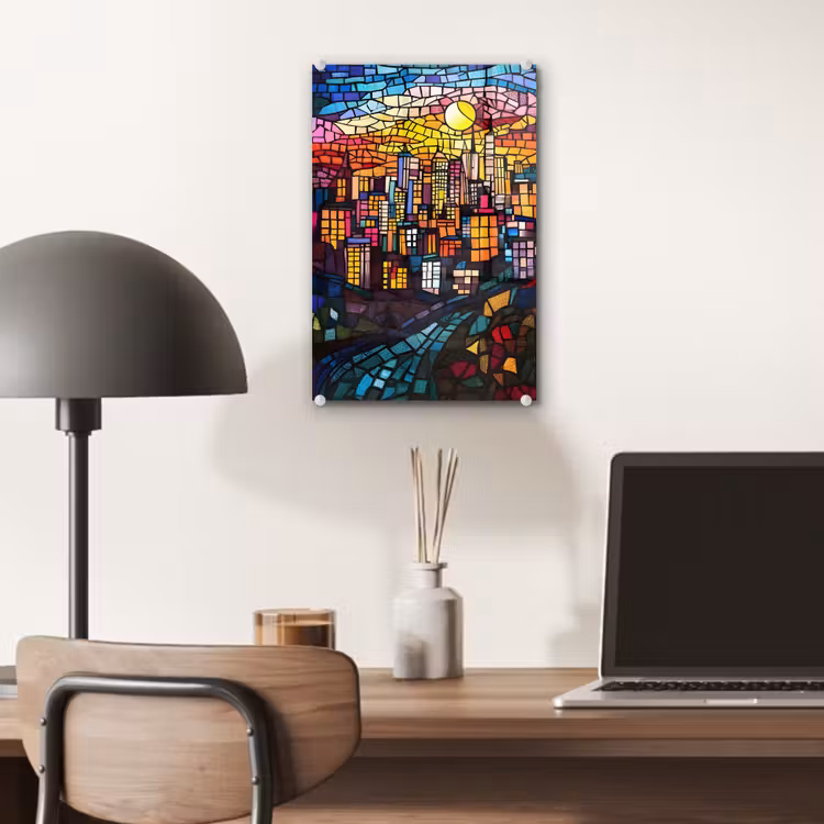 Glas schilderij - Stad - Maan - Mozaïek - Kleurrijk — 7