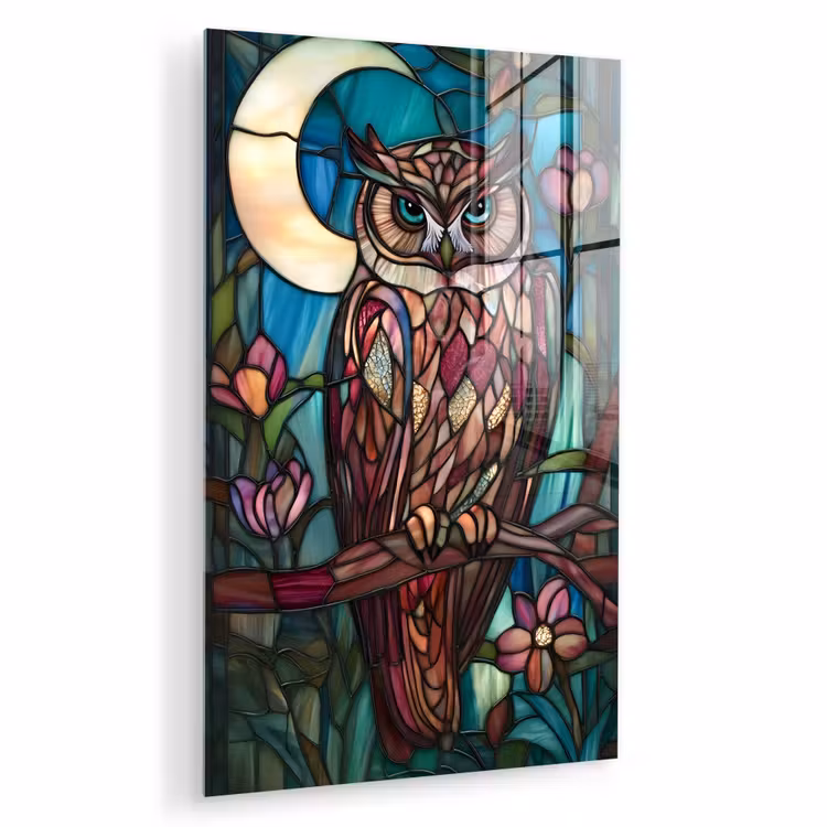 Glas schilderij - Uil - Mozaïek - Maan - Nacht — 1