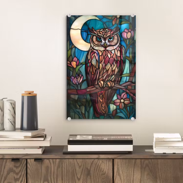 Glas schilderij - Uil - Mozaïek - Maan - Nacht — 2