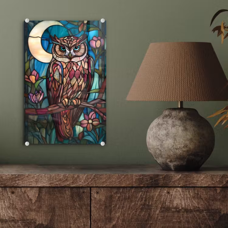 Glas schilderij - Uil - Mozaïek - Maan - Nacht — 4