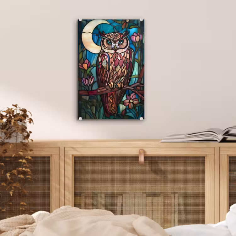 Glas schilderij - Uil - Mozaïek - Maan - Nacht — 5