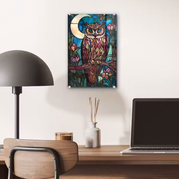 Glas schilderij - Uil - Mozaïek - Maan - Nacht — 7
