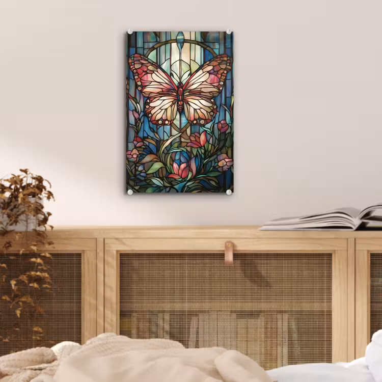 Glas schilderij - Vlinder - Roze - Bloemen - Bladeren — 5