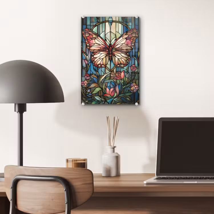 Glas schilderij - Vlinder - Roze - Bloemen - Bladeren — 7