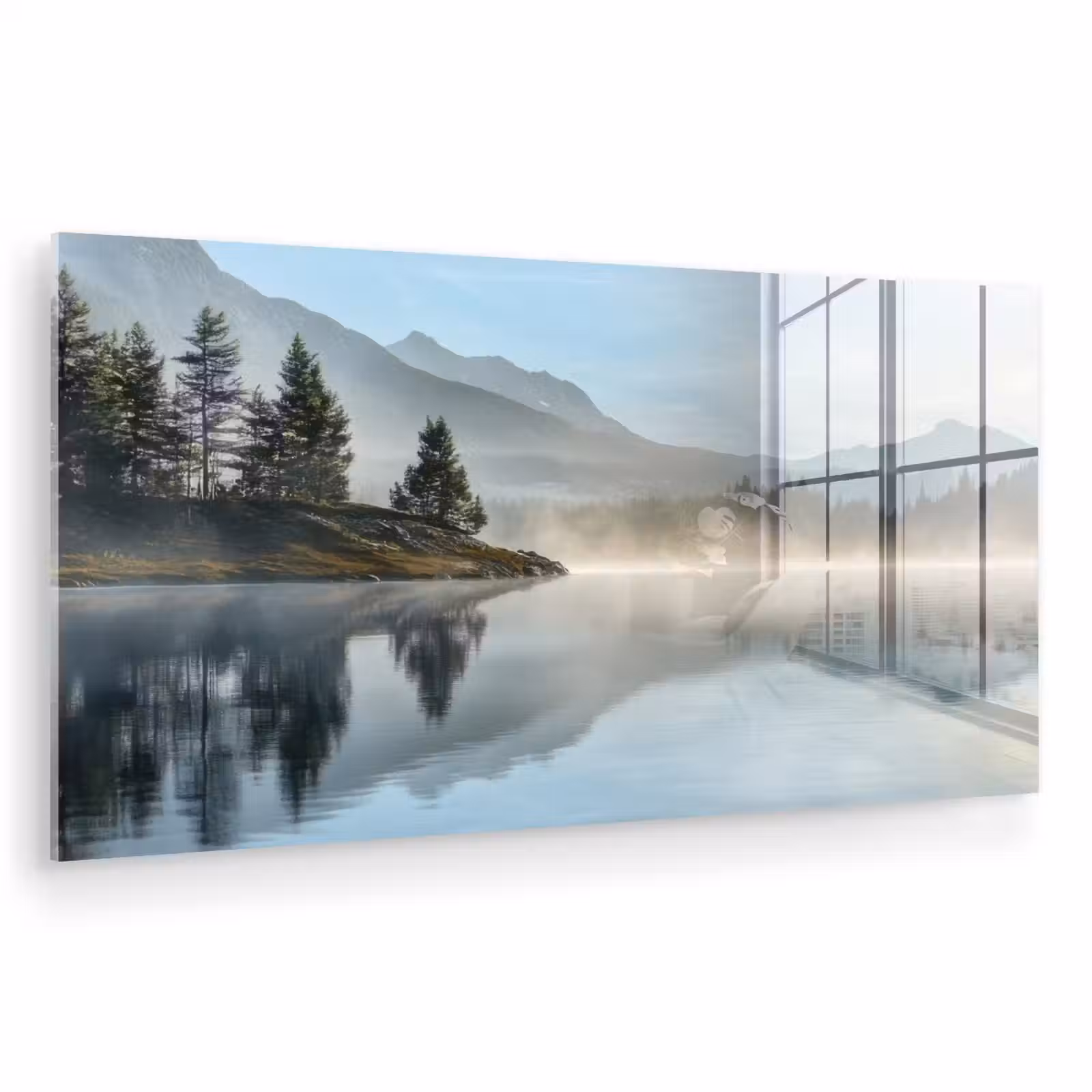 Glas schilderij - Meer - Mist - Bergen - Landschap — 1