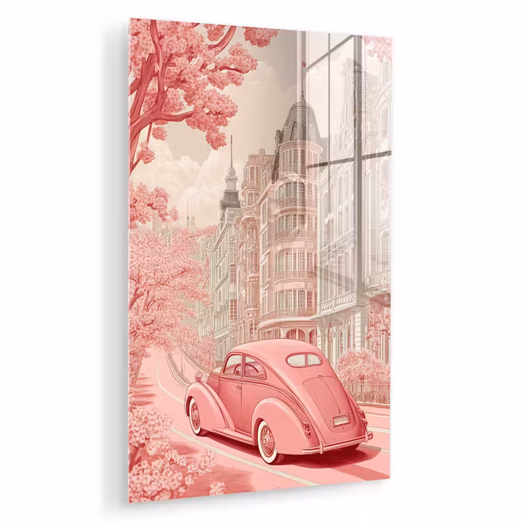 Glas schilderij - City - Car - Pink — 1