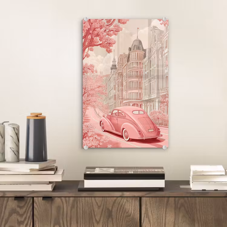 Glas schilderij - City - Car - Pink — 2