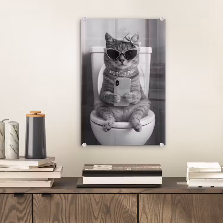 Glas schilderij - Kat - Telefoon - Toilet - Zwart - Wit — 2