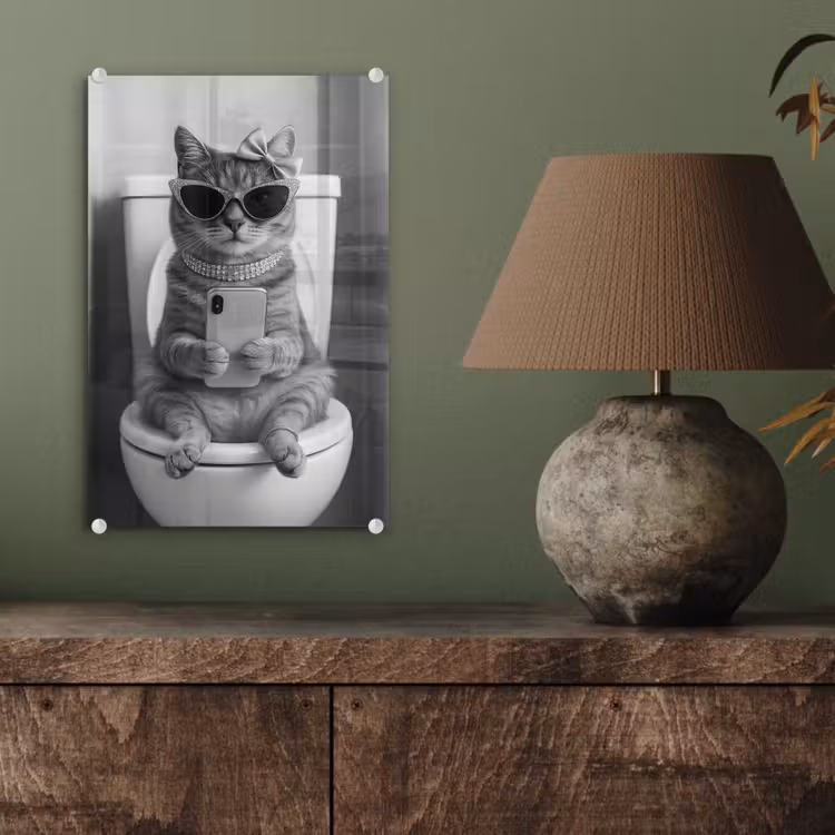 Glas schilderij - Kat - Telefoon - Toilet - Zwart - Wit — 4