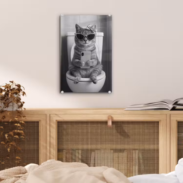 Glas schilderij - Kat - Telefoon - Toilet - Zwart - Wit — 5