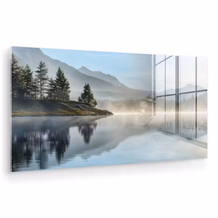Glas schilderij - Meer - Mist - Bergen - Landschap — 1