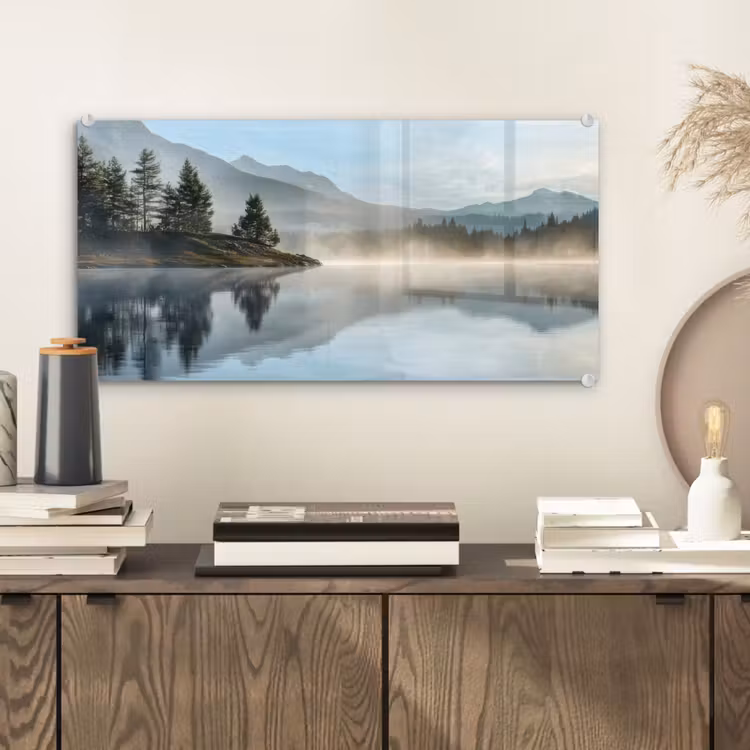 Glas schilderij - Meer - Mist - Bergen - Landschap — 2