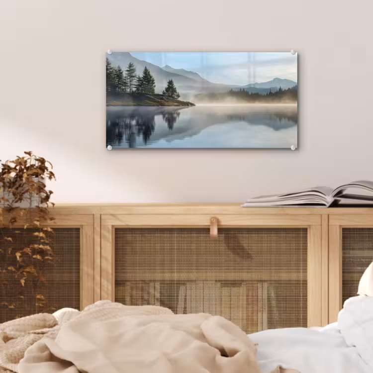 Glas schilderij - Meer - Mist - Bergen - Landschap — 5