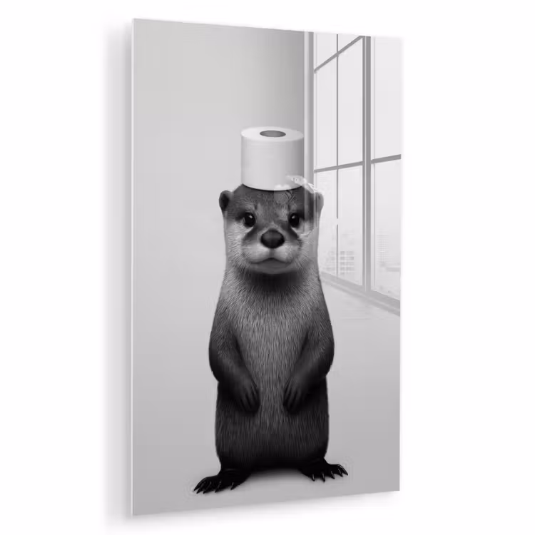 Glas schilderij - Otter - WC rol - Zwart - Wit — 1