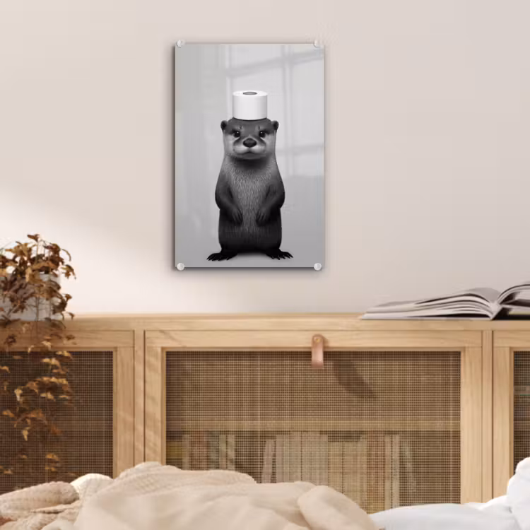 Glas schilderij - Otter - WC rol - Zwart - Wit — 5
