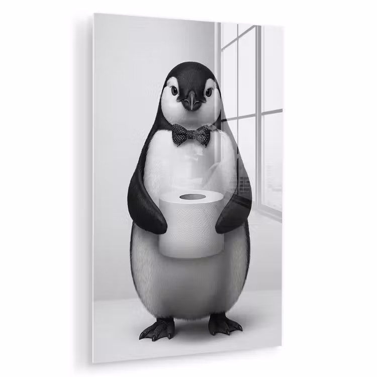Glas schilderij - Pinguïn - WC rol - Wit — 1