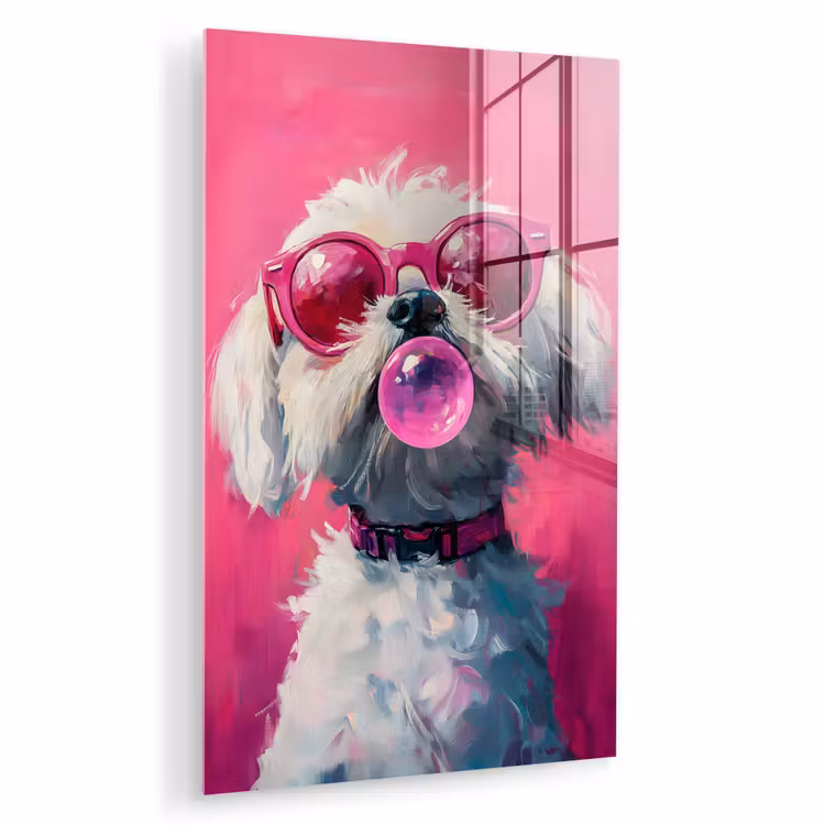 Glas schilderij - Pink - Hond - Bubbel — 1