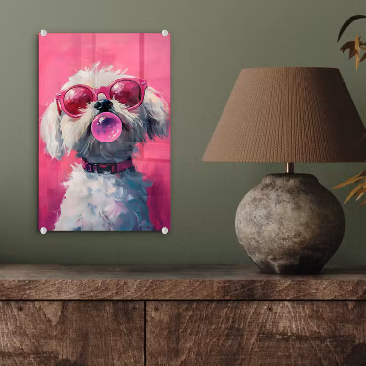 Glas schilderij - Pink - Hond - Bubbel — 4