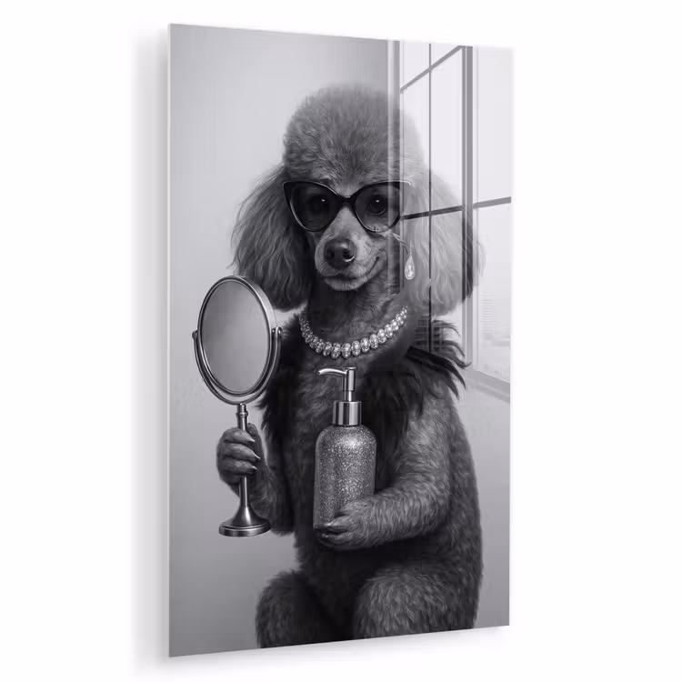 Glas schilderij - Poedel - Spiegel - Zwart - Wit — 1