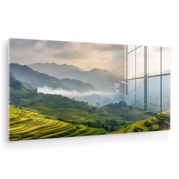 Glas schilderij - Rijstvelden - Bergen - Groen - Natuur — 1