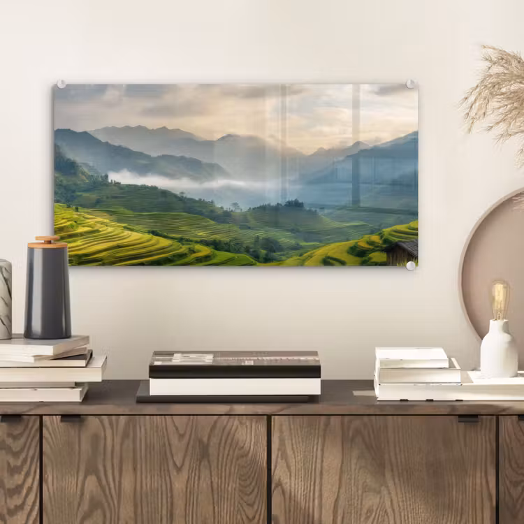 Glas schilderij - Rijstvelden - Bergen - Groen - Natuur — 2
