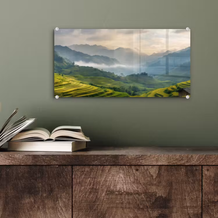 Glas schilderij - Rijstvelden - Bergen - Groen - Natuur — 4