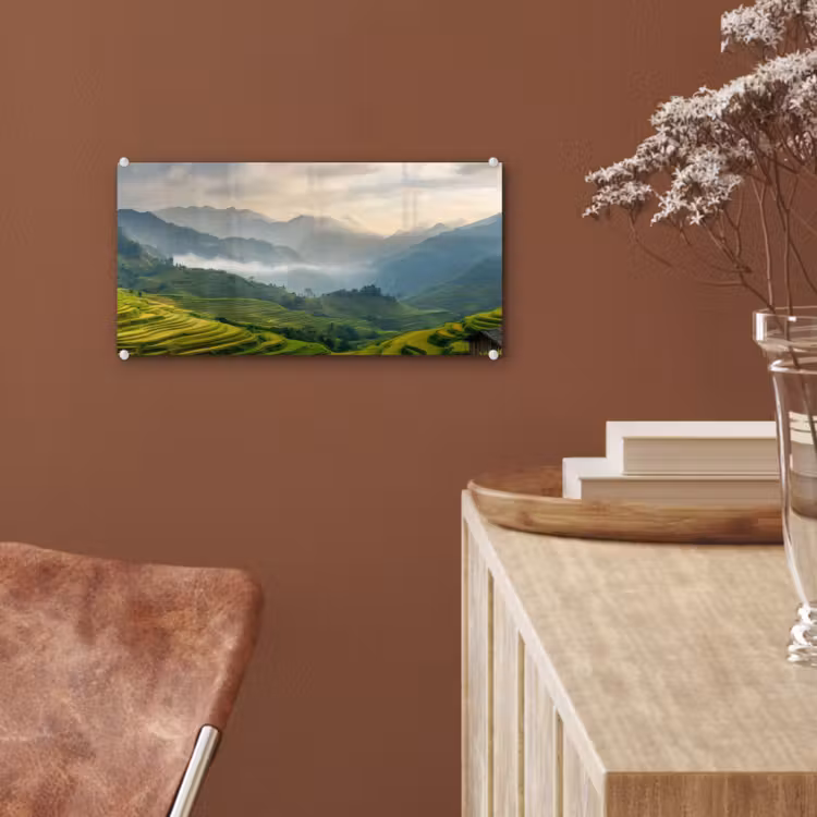 Glas schilderij - Rijstvelden - Bergen - Groen - Natuur — 6