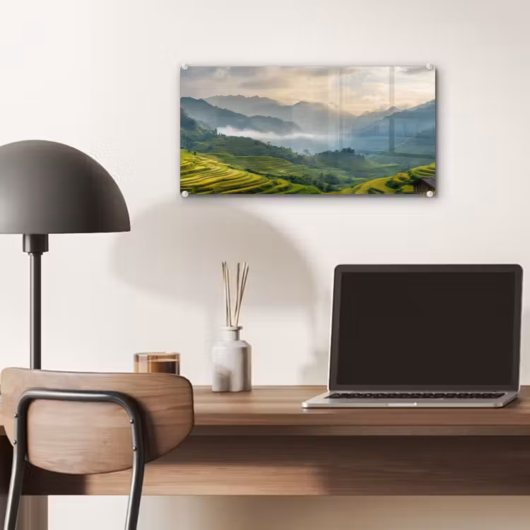 Glas schilderij - Rijstvelden - Bergen - Groen - Natuur — 7
