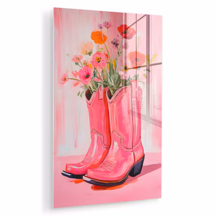 Glas schilderij - Roze - Bloemen - Cowboy — 1