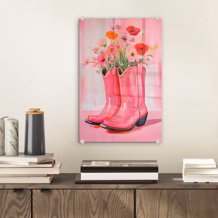 Glas schilderij - Roze - Bloemen - Cowboy — 2