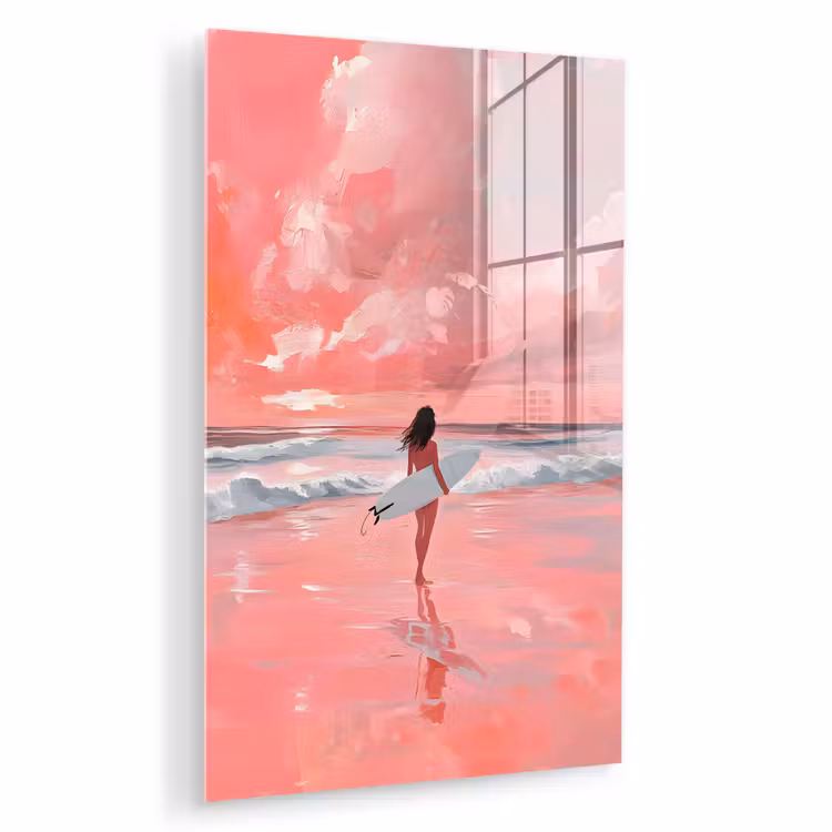 Glas schilderij - Roze - Surfen - Zee — 1