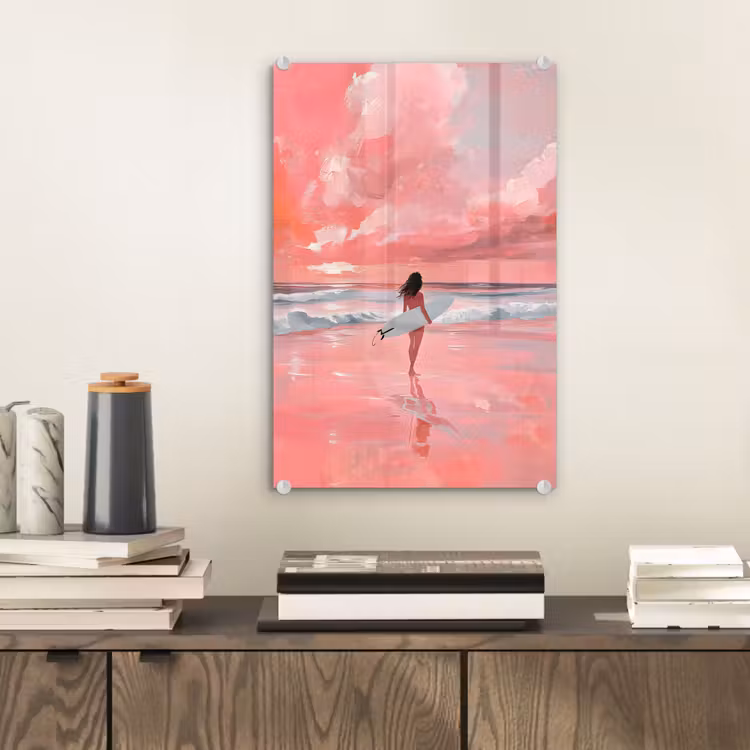 Glas schilderij - Roze - Surfen - Zee — 2