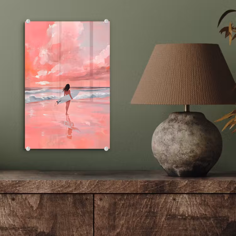 Glas schilderij - Roze - Surfen - Zee — 4