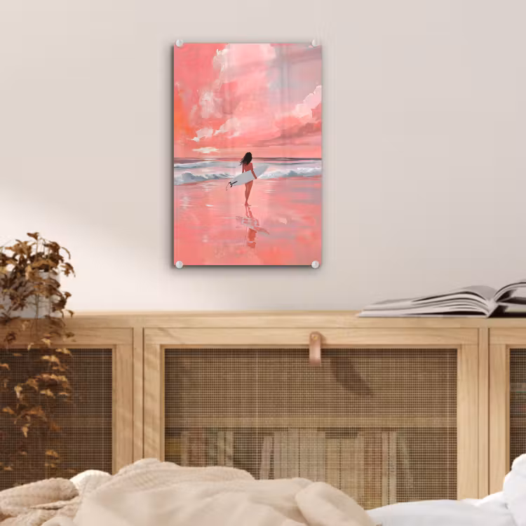 Glas schilderij - Roze - Surfen - Zee — 5
