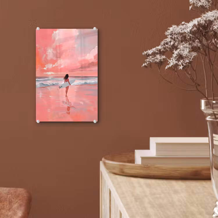 Glas schilderij - Roze - Surfen - Zee — 6