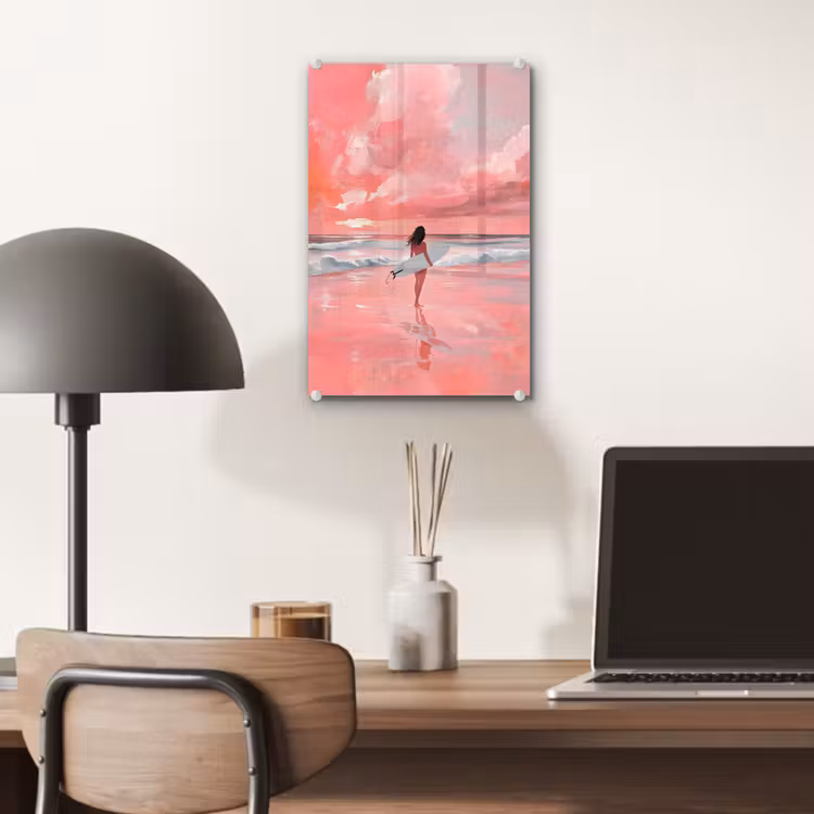 Glas schilderij - Roze - Surfen - Zee — 7