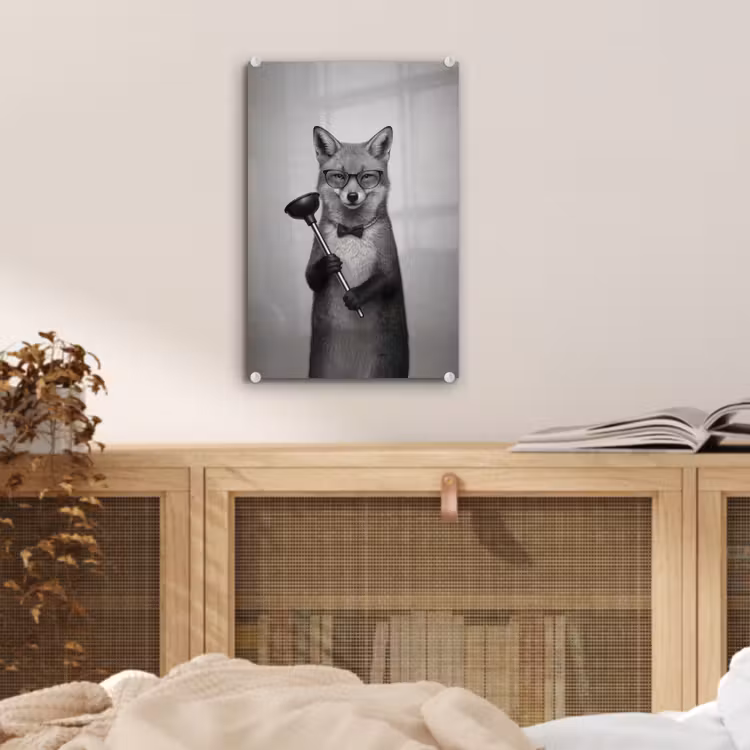 Glas schilderij - Vos - WC-ontstopper - Zwart - Wit — 5