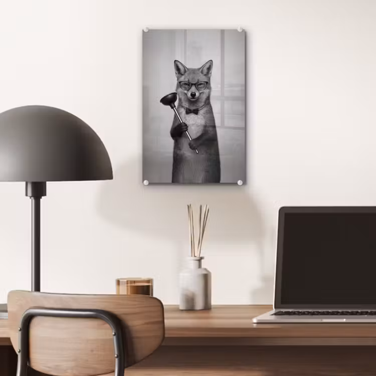 Glas schilderij - Vos - WC-ontstopper - Zwart - Wit — 7