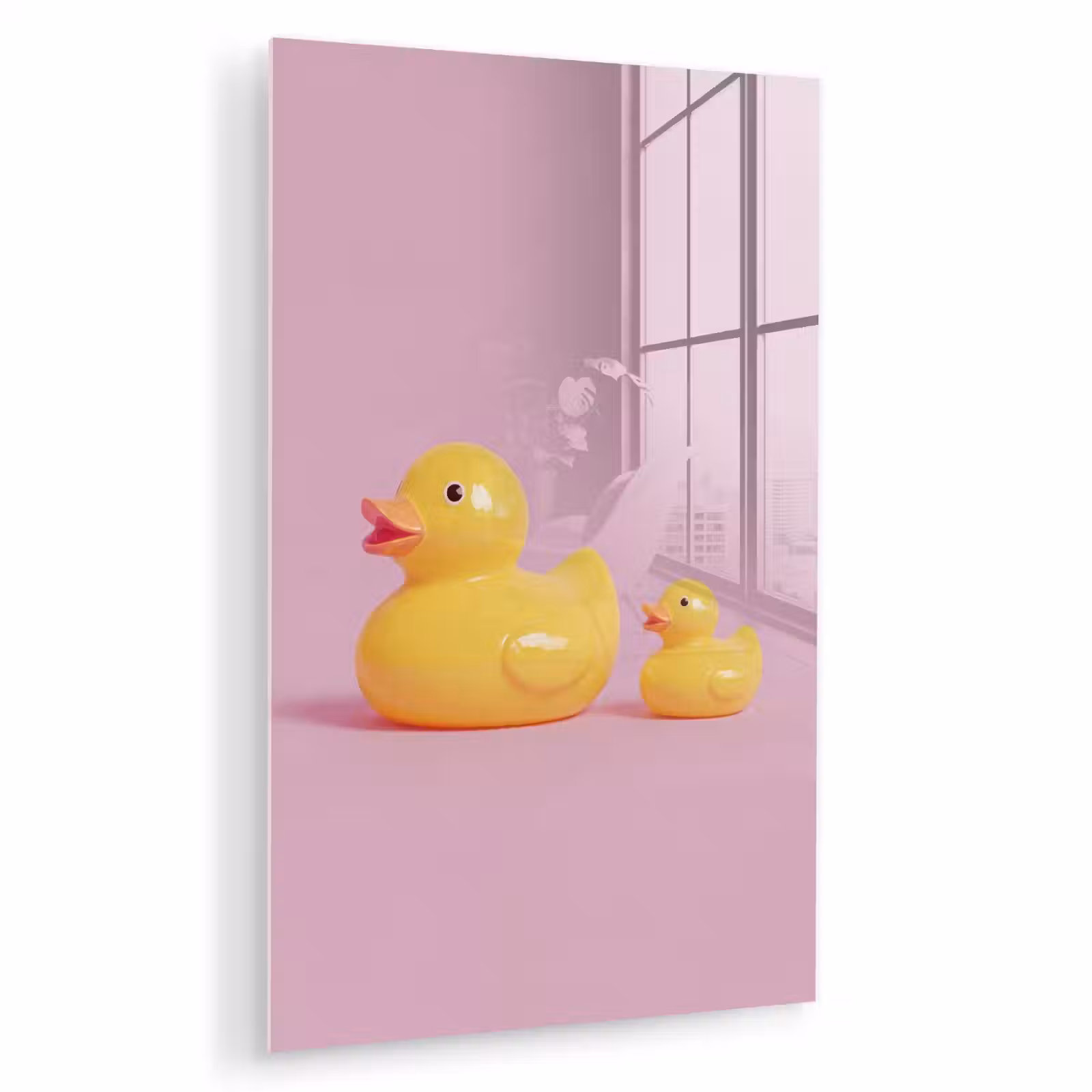 Glas schilderij - Eendjes - Vrolijk - Roze — 1