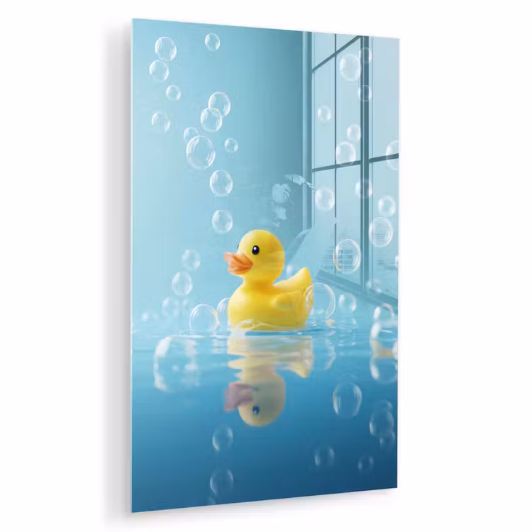 Glas schilderij - Bubbels - Badeend - Geel — 1