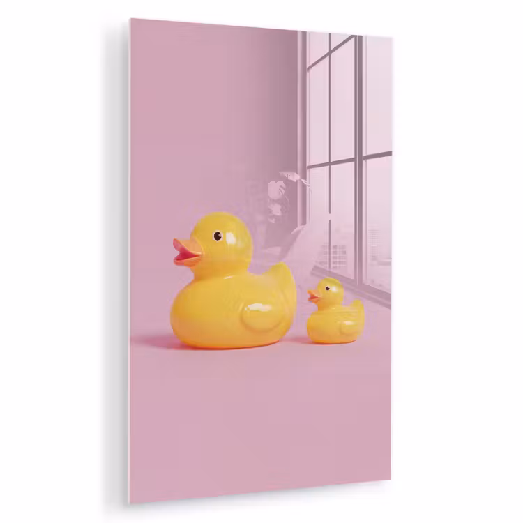 Glas schilderij - Eendjes - Vrolijk - Roze — 1