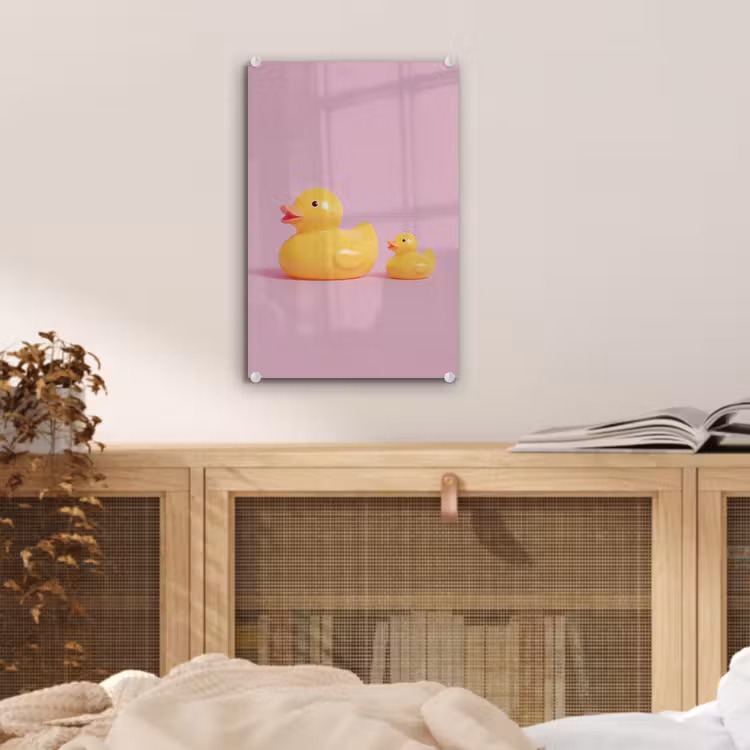 Glas schilderij - Eendjes - Vrolijk - Roze — 5