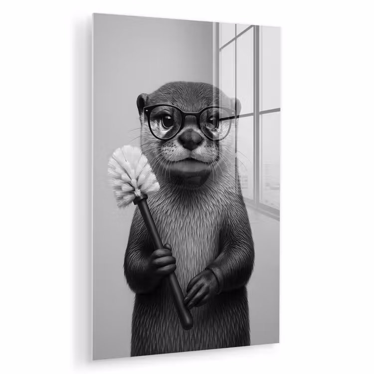 Glas schilderij - Otter - Wc-borstel - Bril - Zwart - Wit — 1