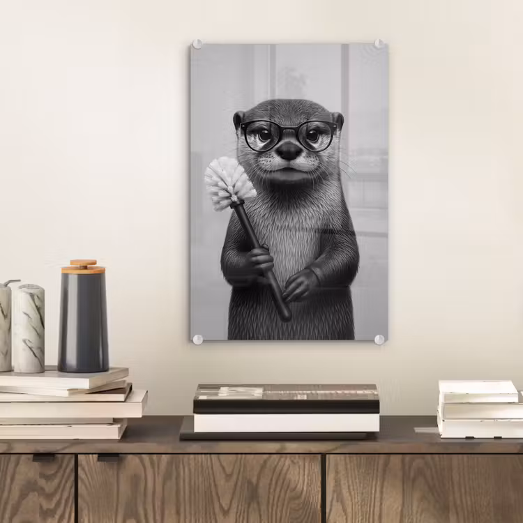 Glas schilderij - Otter - Wc-borstel - Bril - Zwart - Wit — 2