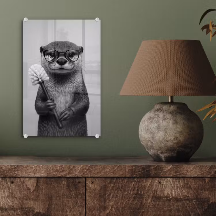 Glas schilderij - Otter - Wc-borstel - Bril - Zwart - Wit — 4