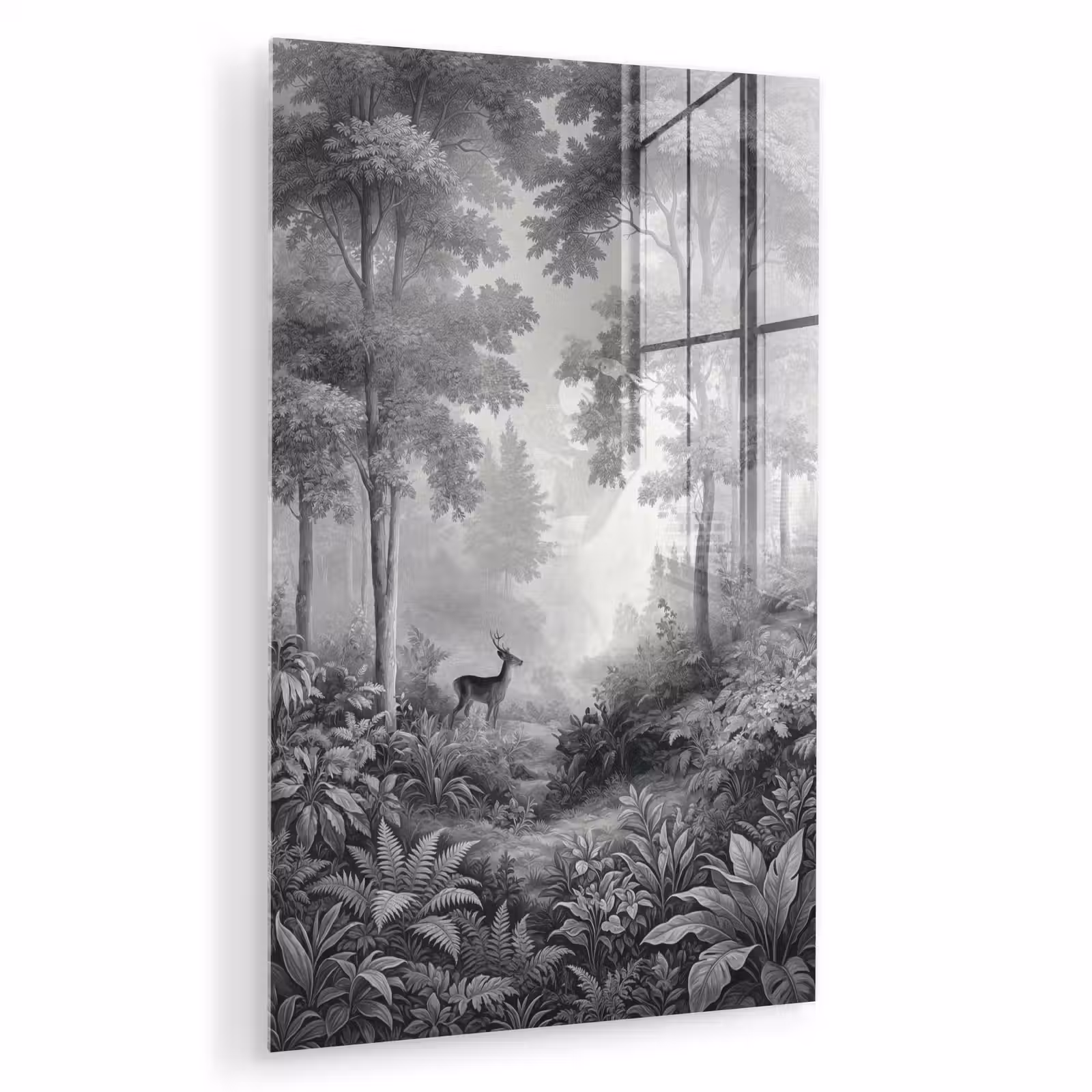 Glas schilderij - Bos - Hert - Zwart - Wit — 1